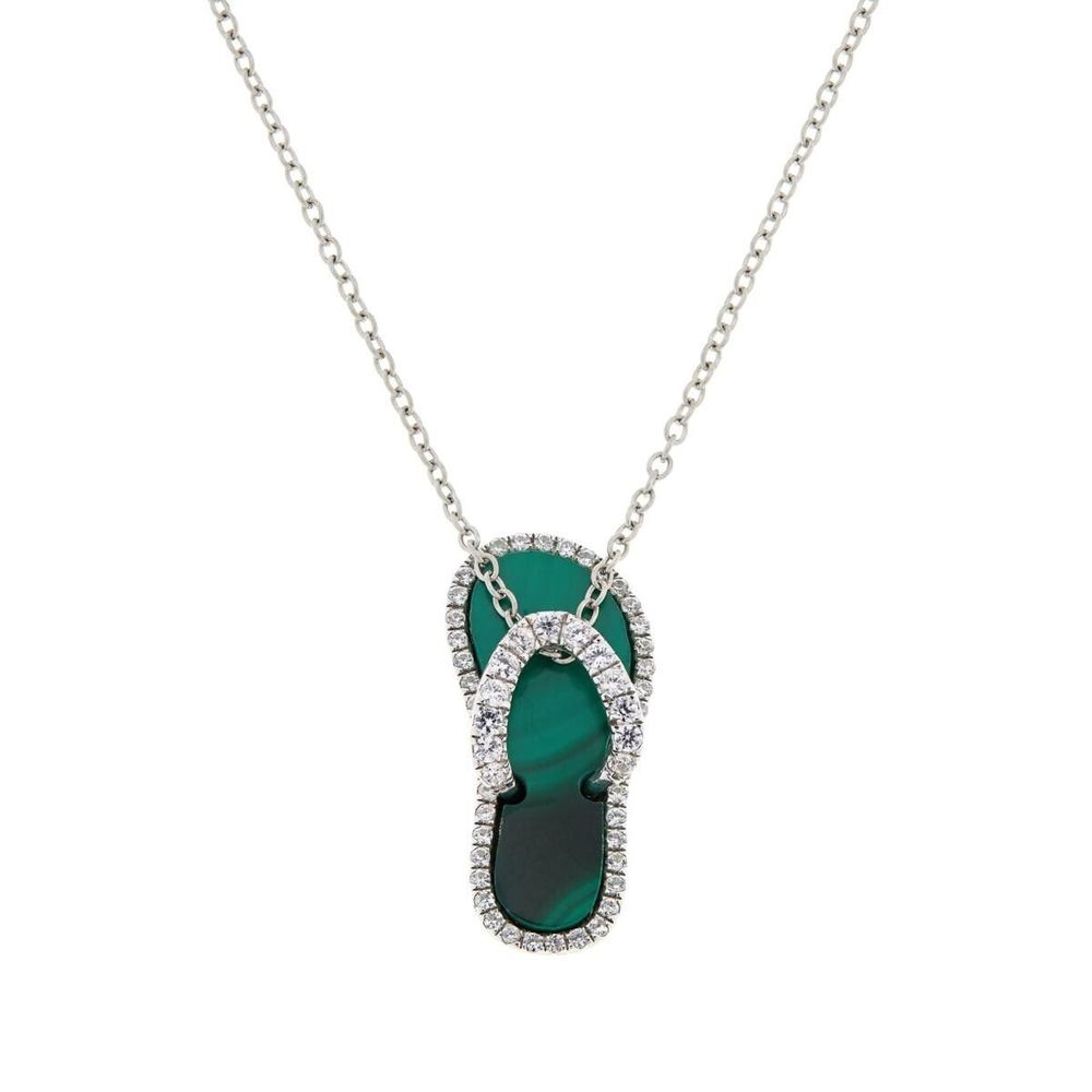 New .925 Sterling Silver Palm Tree Flip Flop Pendant Necklace. Green Malachite